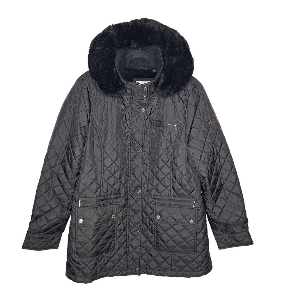 Calvin Klein Women's Quilted Hooded Jacket Coat Large Faux Fur Trim Mid Length